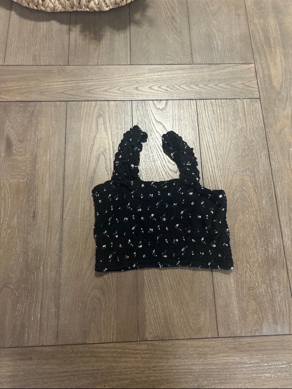 Hollister Black Cropped Smocked Tank with Tiny White Floral Dots